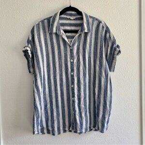 Beach Lunch Lounge Linen Cotton Blend Stripe Button Down Short Sleeve Top XL